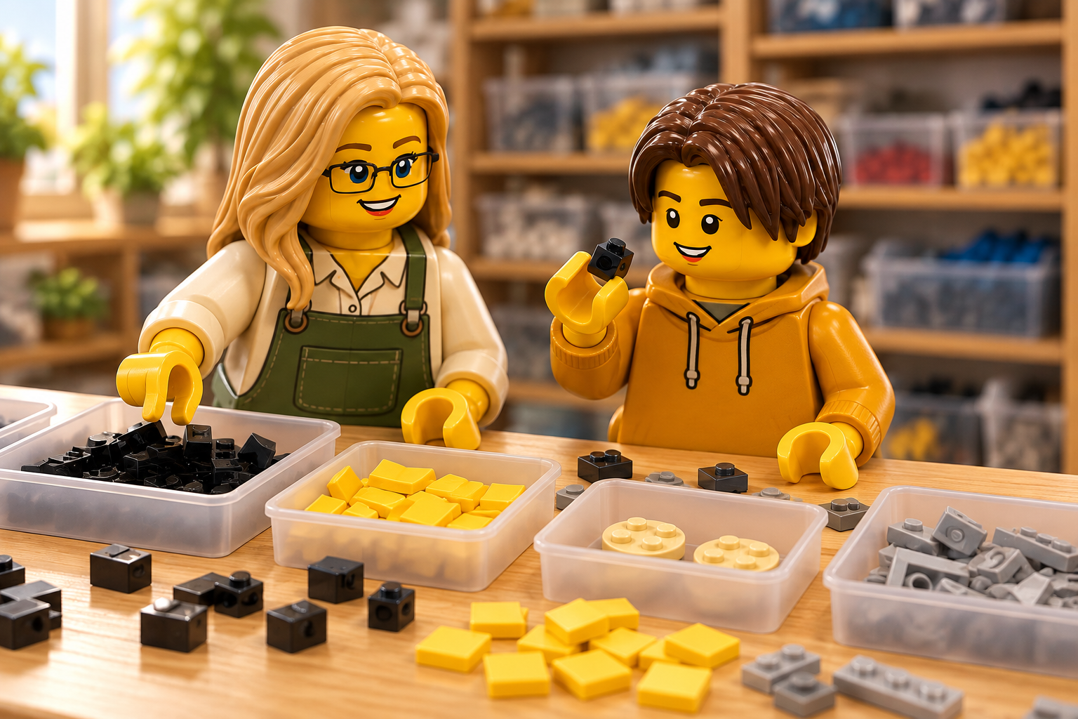 Illustration : une adulte blonde à lunettes et un adolescent observent et trient des briques noires, jaunes et grises dans un atelier.