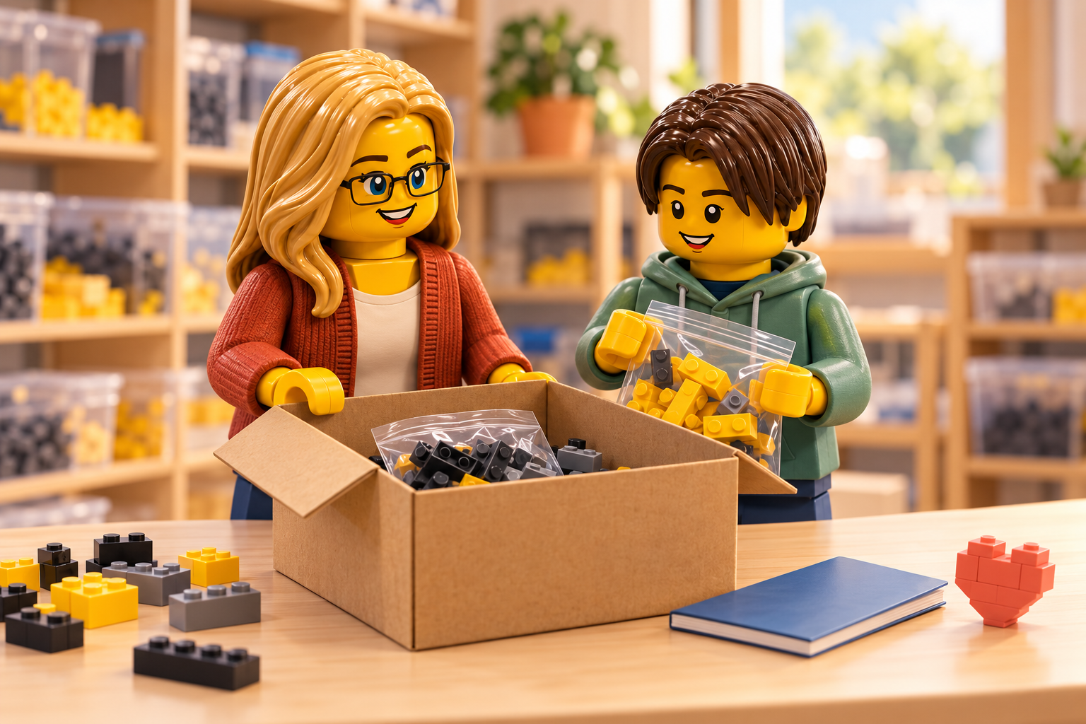 Illustration : une adulte blonde à lunettes et un adolescent rangent des briques dans des sachets et un carton en préparation d’un don.