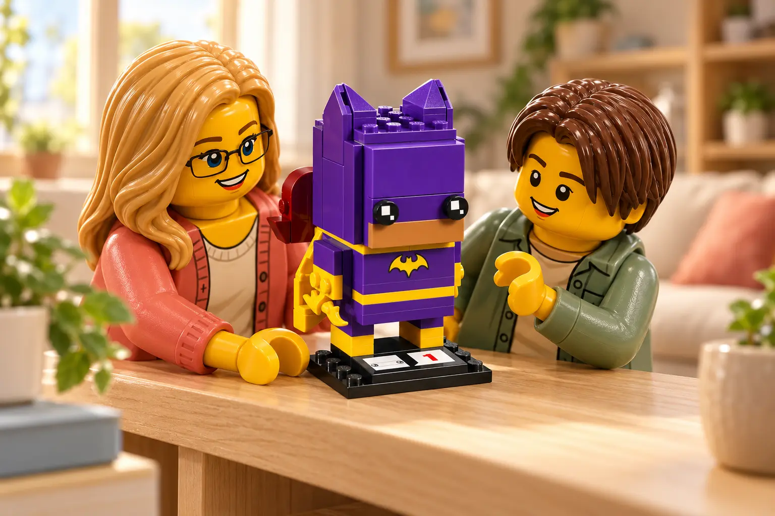 Deux figurines découvrent Batgirl, son masque violet et sa cape jaune sur son socle.