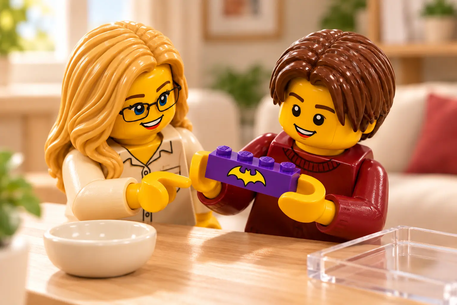 Deux figurines observent le torse violet imprimé de Batgirl et son emblème jaune.