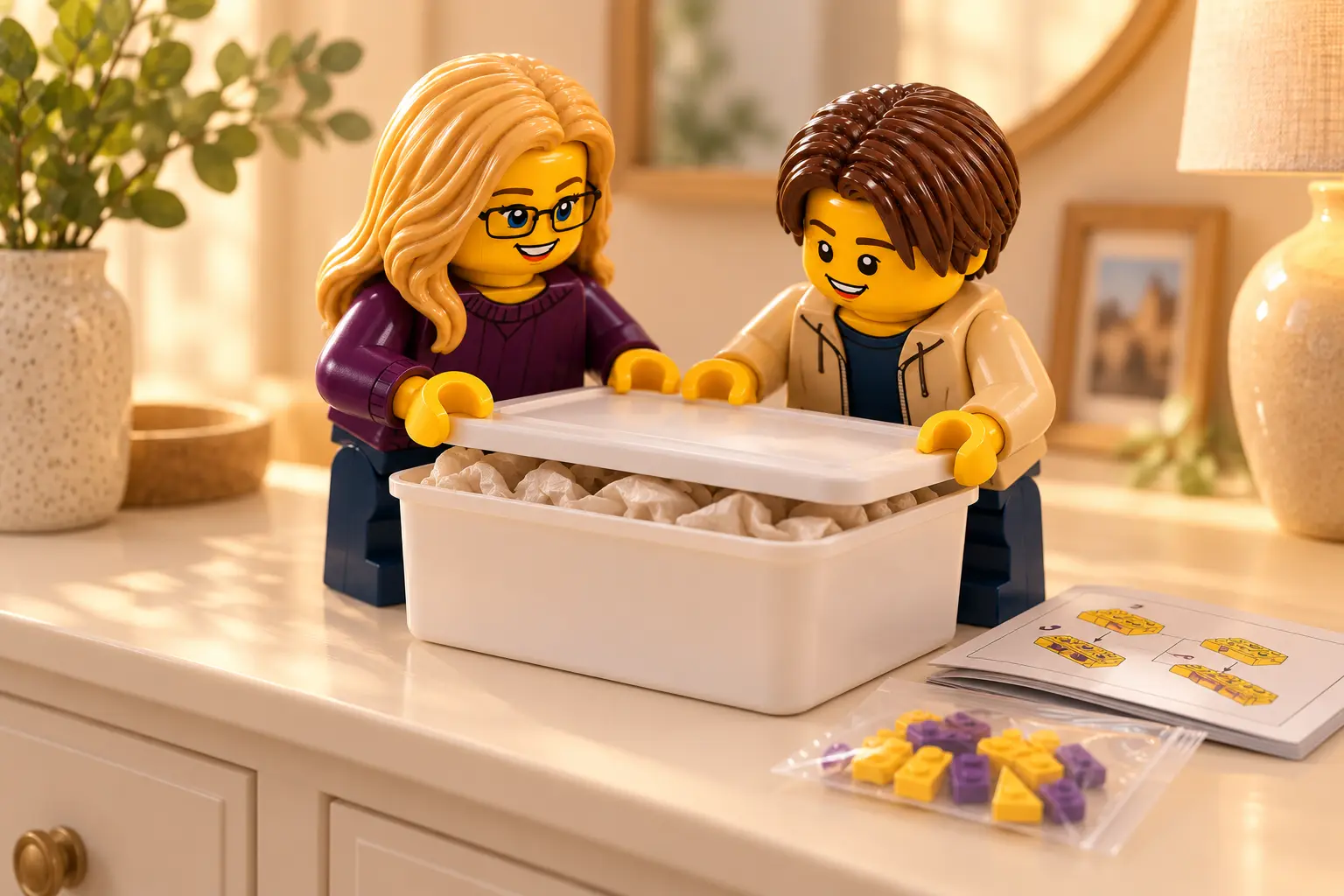 Deux figurines protègent un lot LEGO dans un contenant, avec le livret et les pièces séparées.