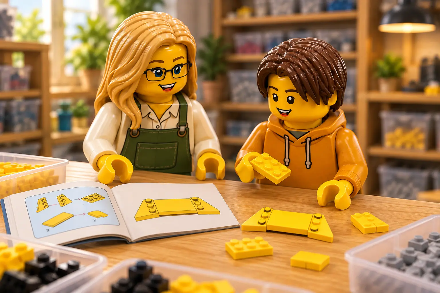 Deux figurines préparent une cape jaune construite en briques avec un livret de montage.