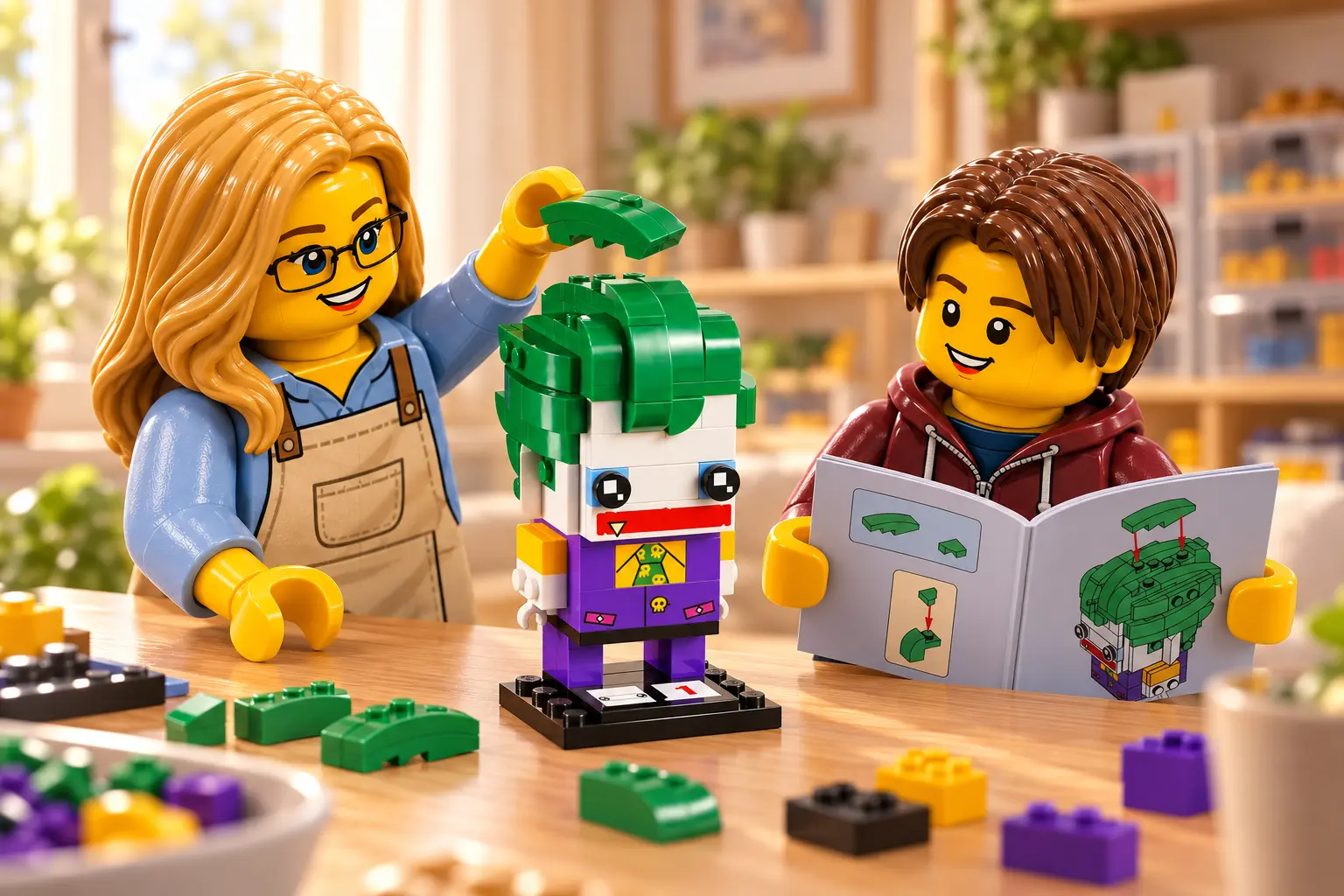 Deux figurines suivent un livret et préparent un élément vert de la coiffure construite du Joker.