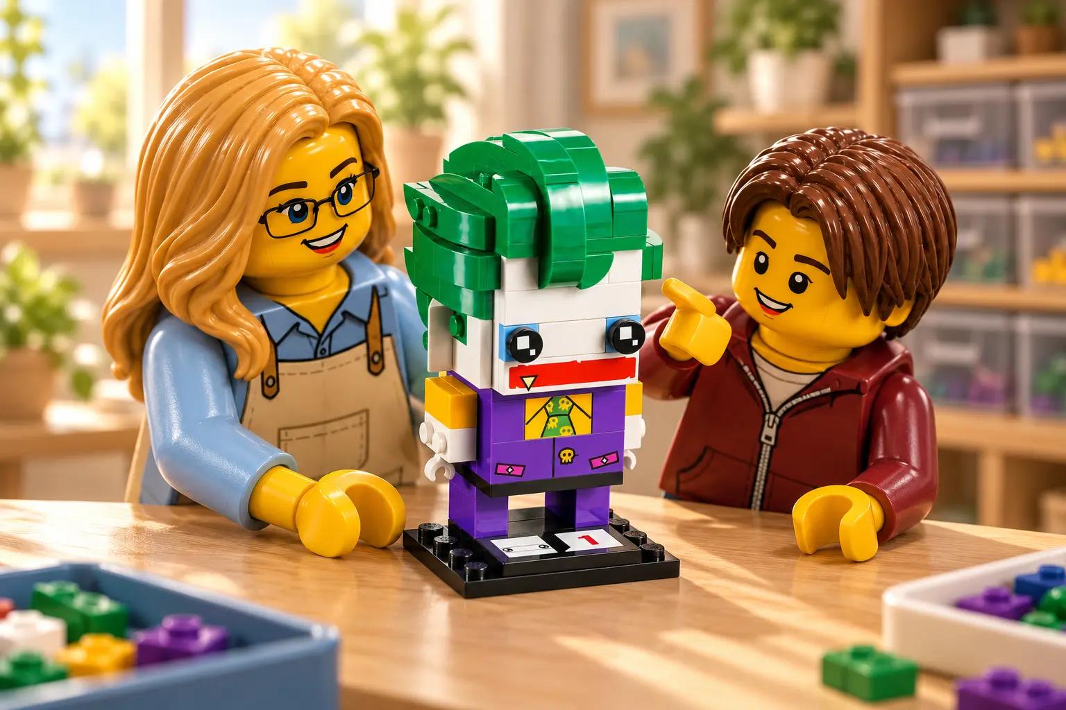 Deux figurines découvrent le Joker BrickHeadz, sa chevelure verte et son visage blanc sur son socle.