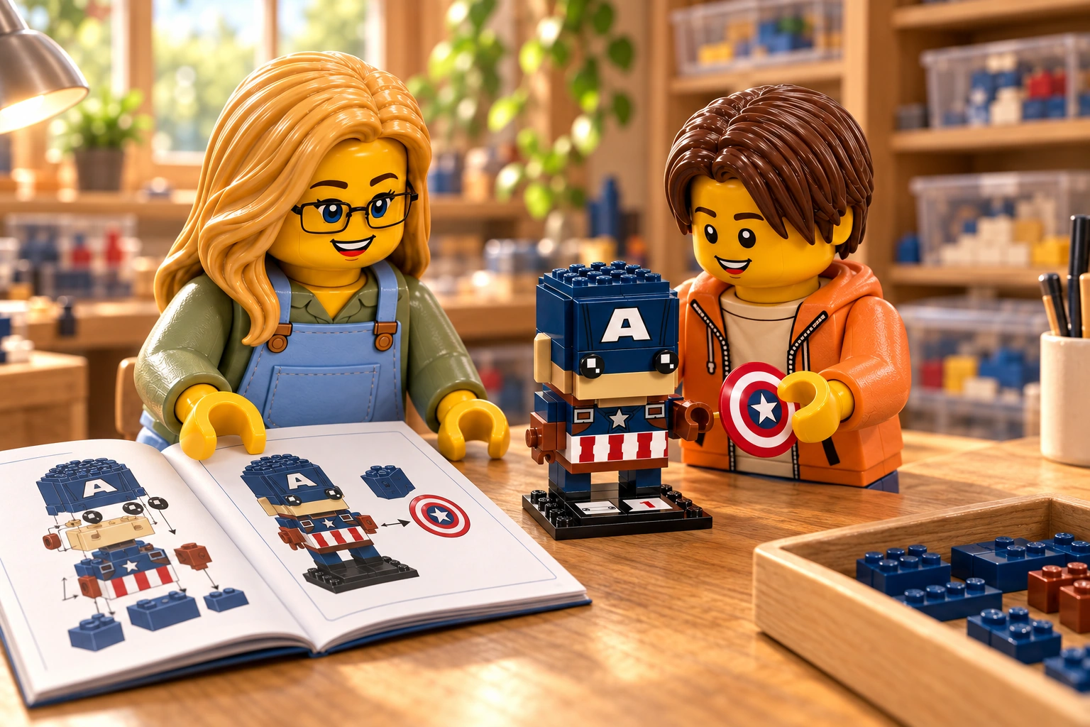 Deux figurines préparent la pose du bouclier de Captain America BrickHeadz avec un livret ouvert à proximité.