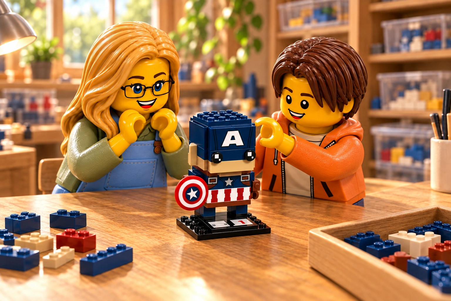 Deux figurines découvrent Captain America BrickHeadz sur son socle, avec son casque marqué A et son bouclier.