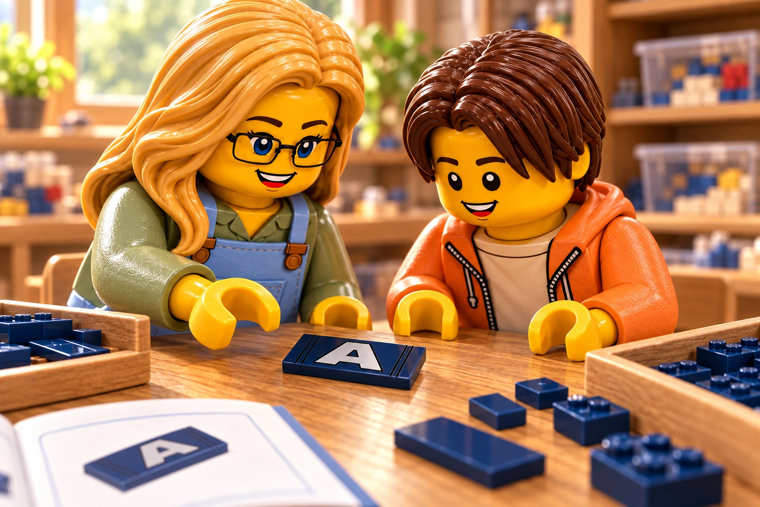 Deux figurines observent la tuile bleu foncé portant le A blanc imprimé du casque de Captain America BrickHeadz.