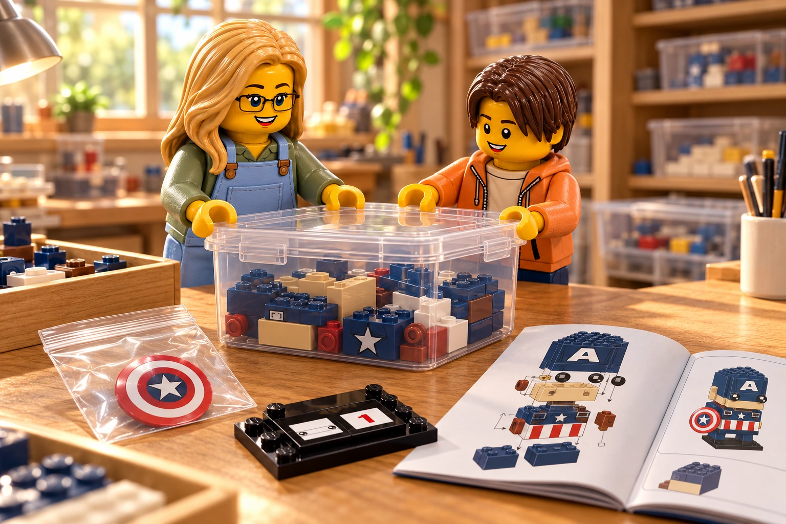Deux figurines préparent le rangement des éléments de Captain America dans un bac ; le livret reste à côté et le bouclier est protégé dans une pochette.