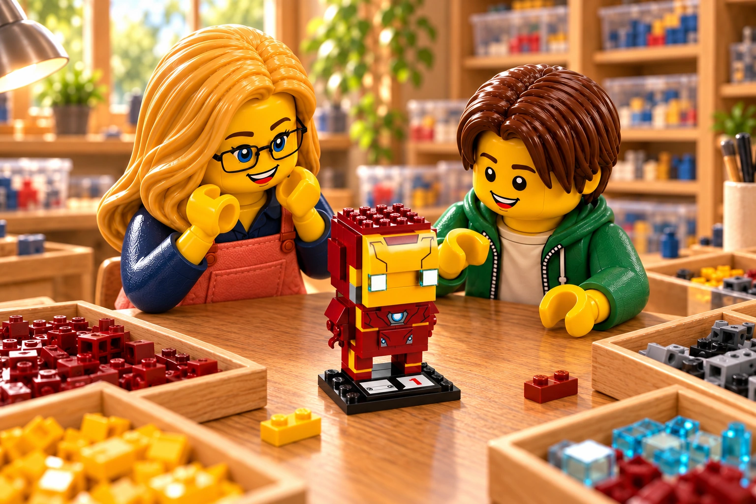 Deux figurines découvrent Iron Man BrickHeadz sur son socle, avec son masque jaune orangé et son armure rouge foncé.