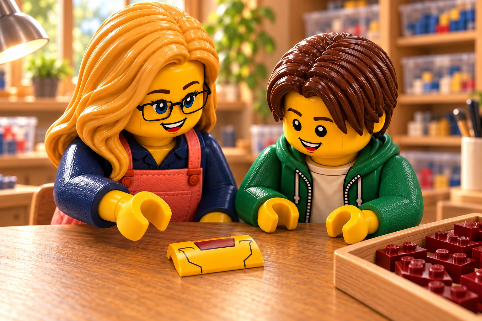 Deux figurines observent la pièce courbe jaune orangé du masque d’Iron Man, avec ses lignes noires et son motif rouge foncé.