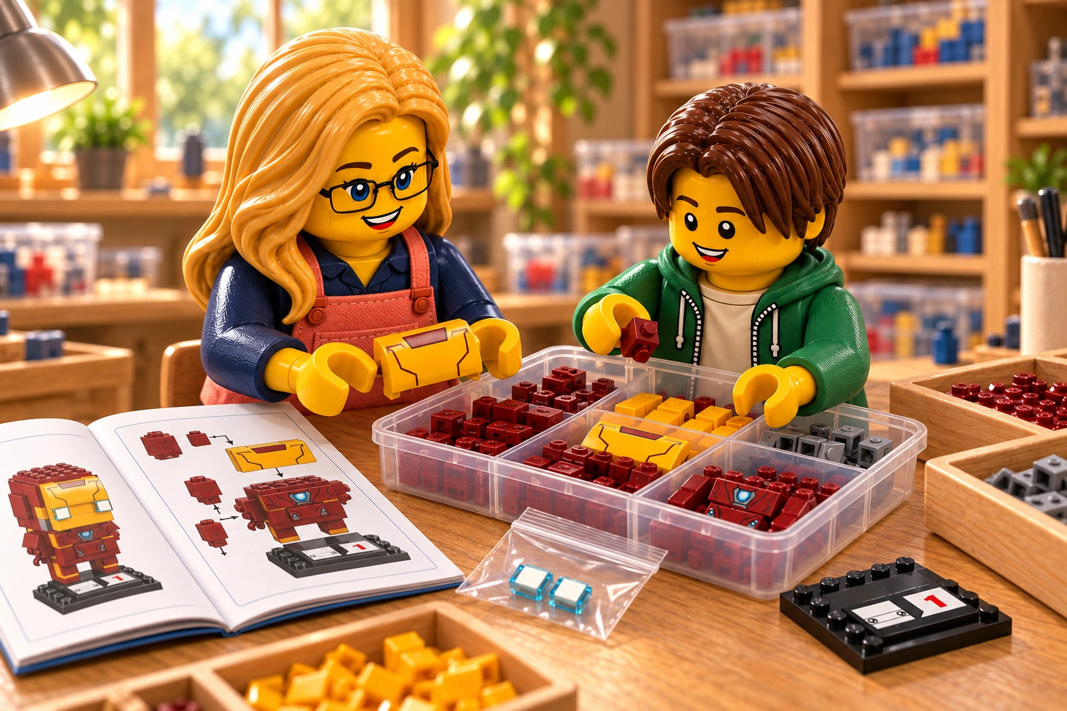 Deux figurines rangent les éléments d’Iron Man dans un bac, avec les petites pièces protégées et le livret à côté.