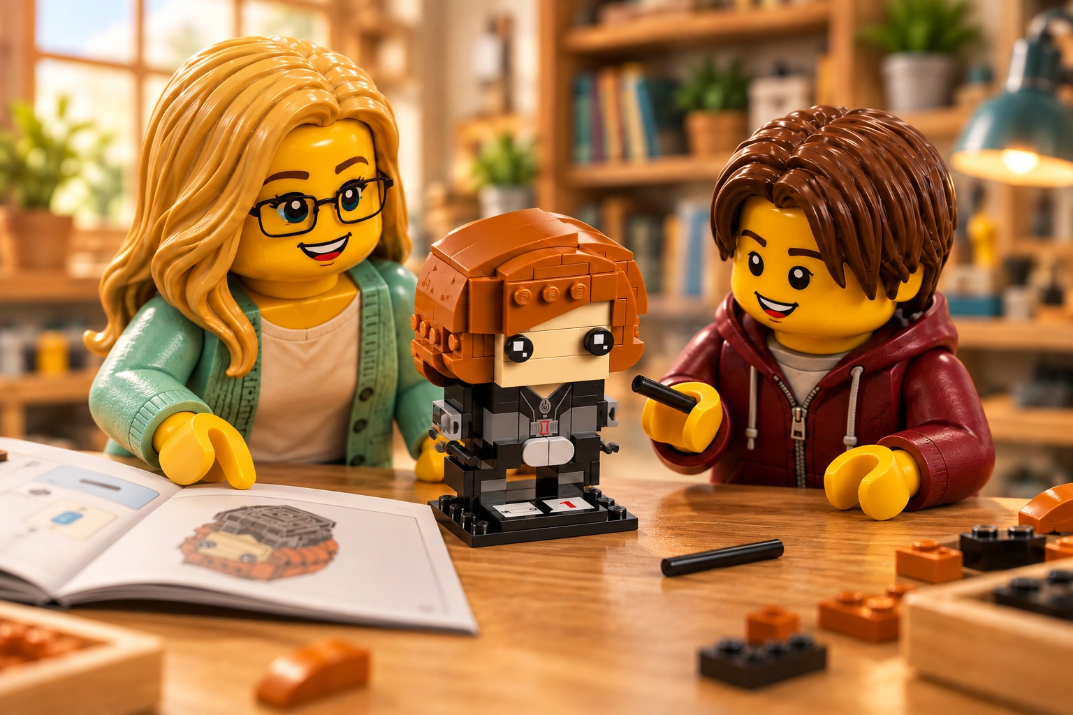Deux figurines préparent la fixation d’un bâton noir sur Black Widow, avec le second bâton et un livret ouvert à côté.
