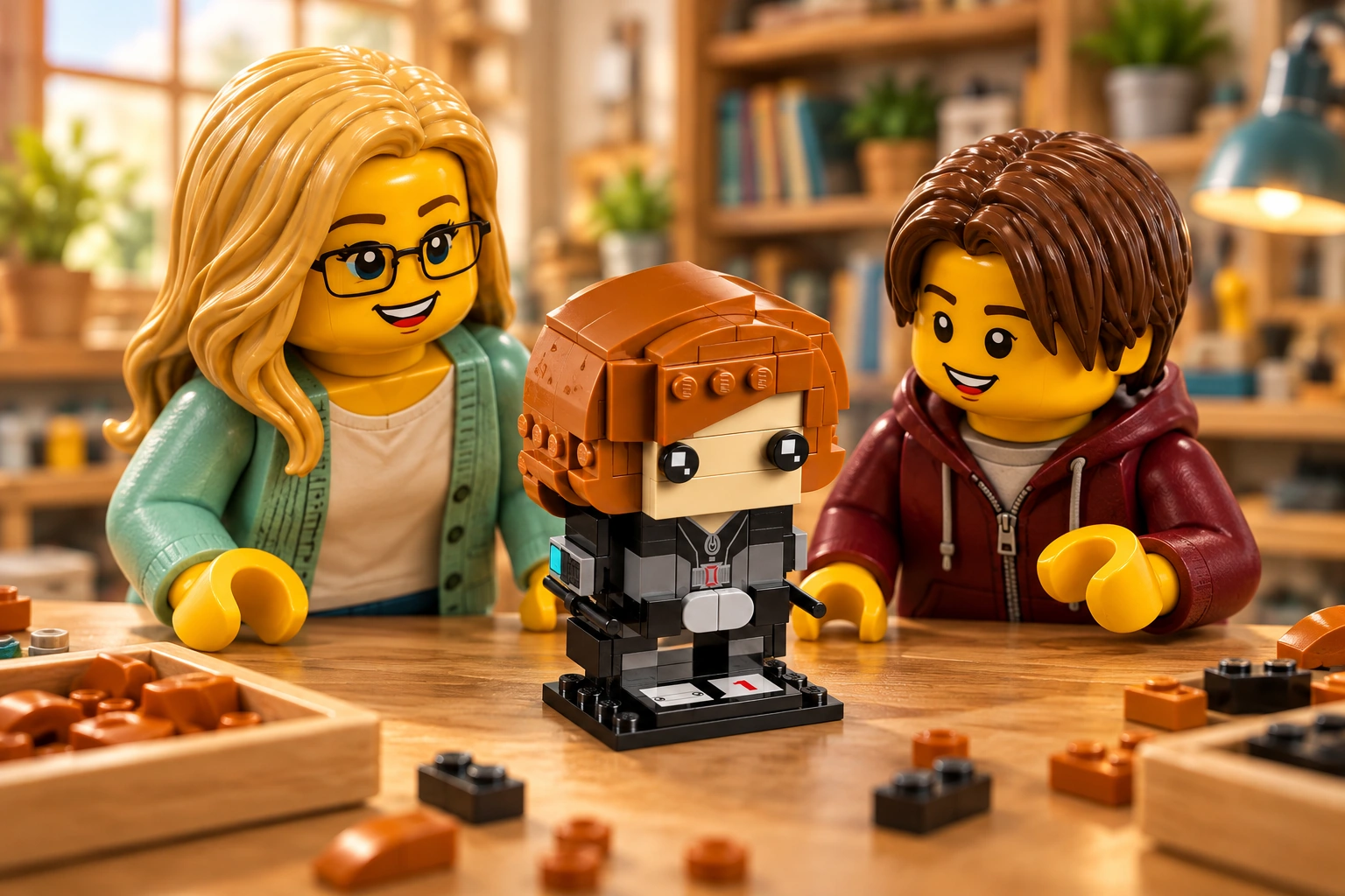 Deux figurines découvrent Black Widow BrickHeadz, avec sa chevelure rousse, son costume noir et gris et ses deux bâtons noirs.