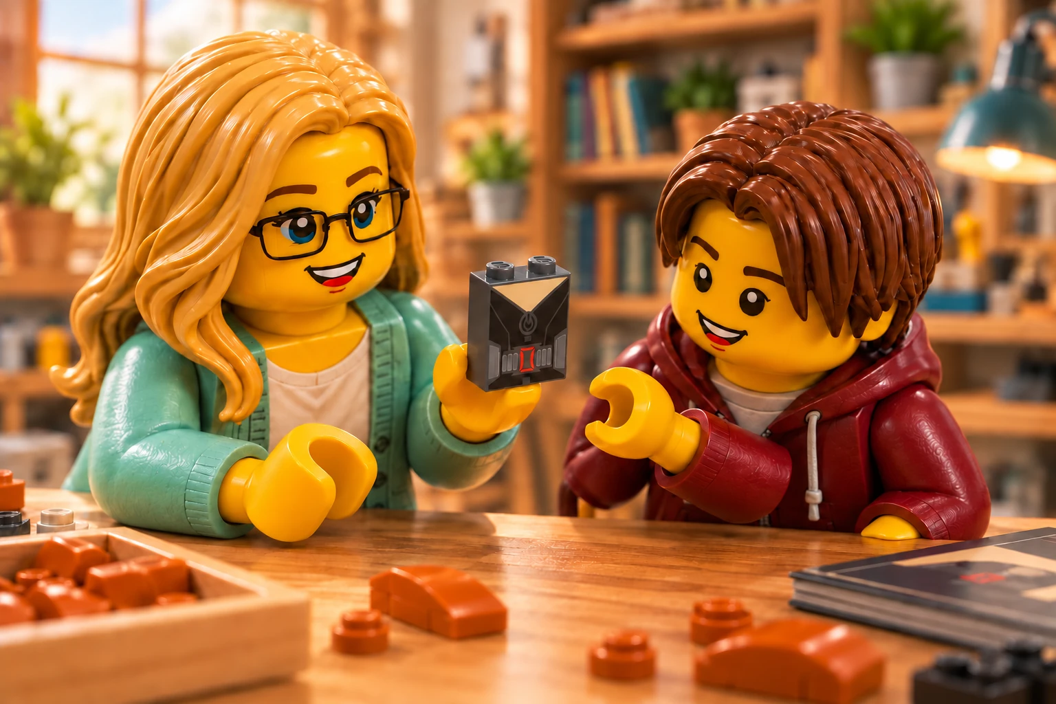 Deux figurines observent la brique haute imprimée du torse de Black Widow, avec sa fermeture et son motif rouge de ceinture.