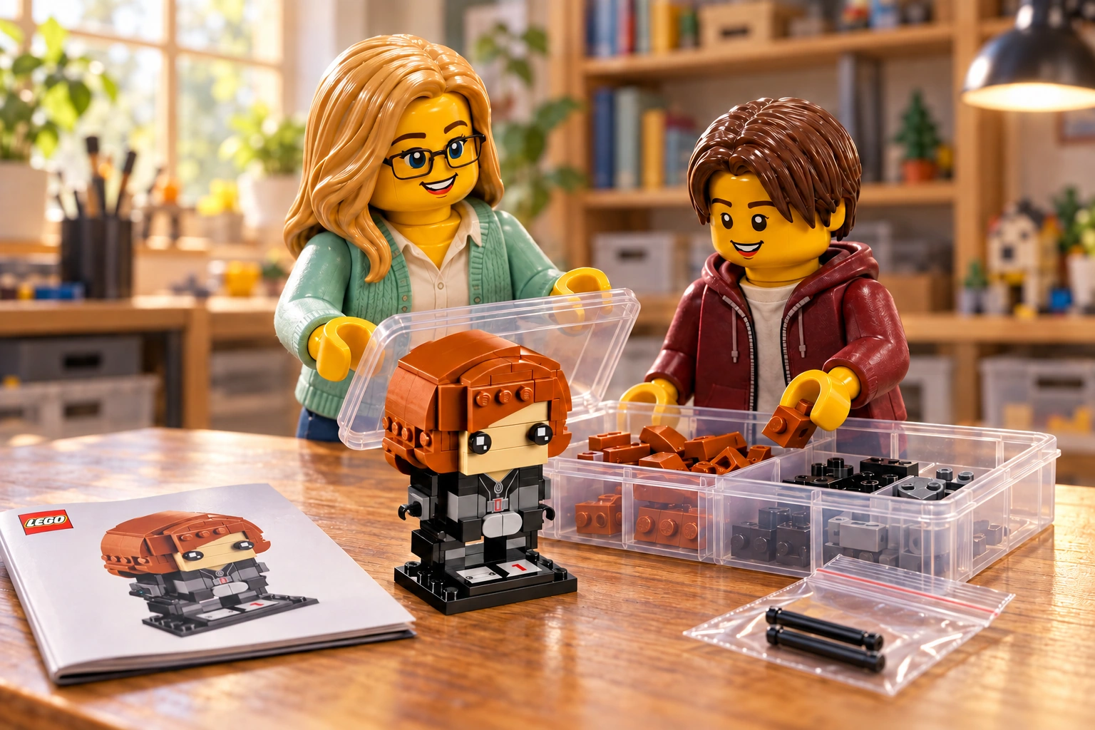 Deux figurines préparent le rangement de Black Widow, avec le modèle assemblé hors du bac, les deux bâtons protégés ensemble dans un sachet et le livret à côté.