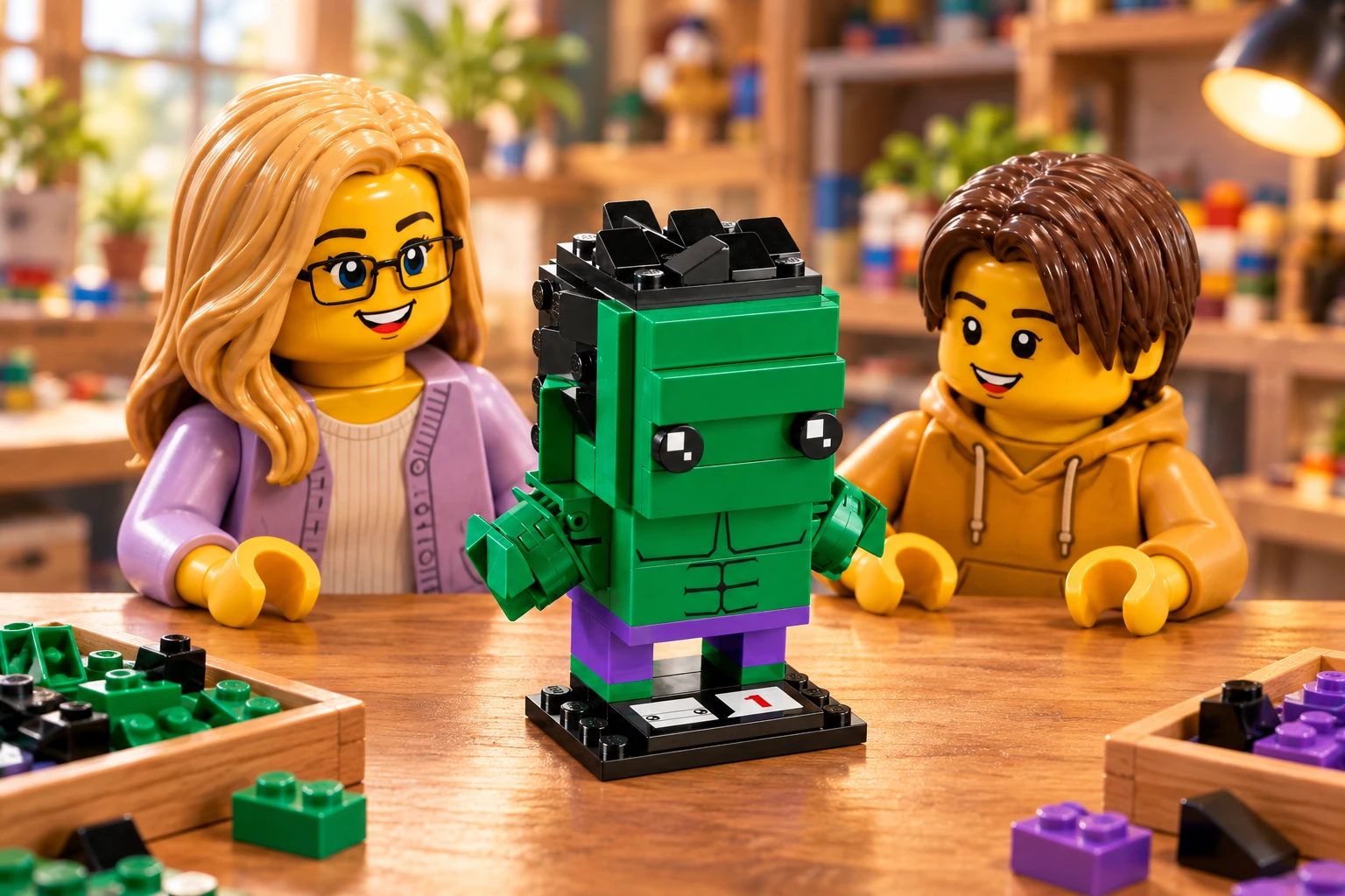 Deux figurines découvrent Hulk BrickHeadz sur son socle, avec sa peau verte, ses cheveux noirs, son pantalon violet et ses poings construits.