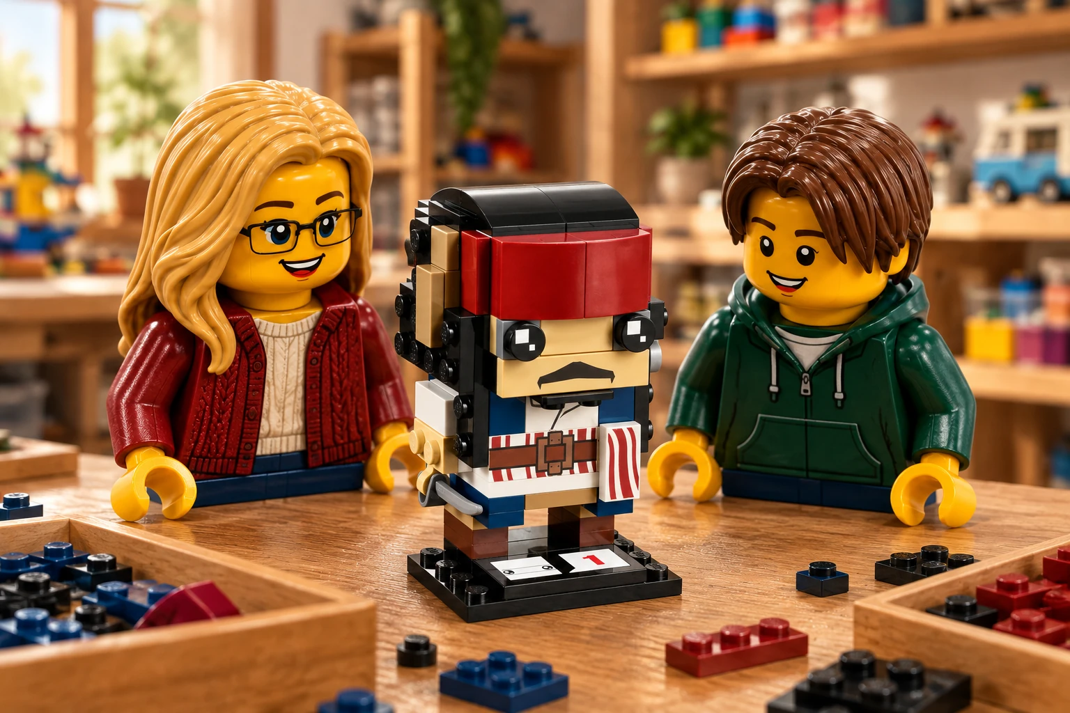 Deux figurines découvrent Captain Jack Sparrow BrickHeadz sur son socle, avec ses cheveux noirs, son bandeau rouge foncé, sa moustache et son sabre.