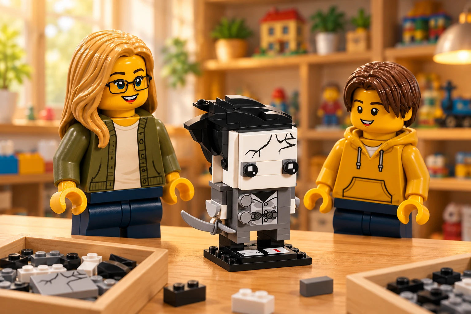 Deux figurines découvrent Salazar BrickHeadz monté sur son socle, avec son front blanc décoré, ses cheveux noirs, son uniforme gris et son sabre.