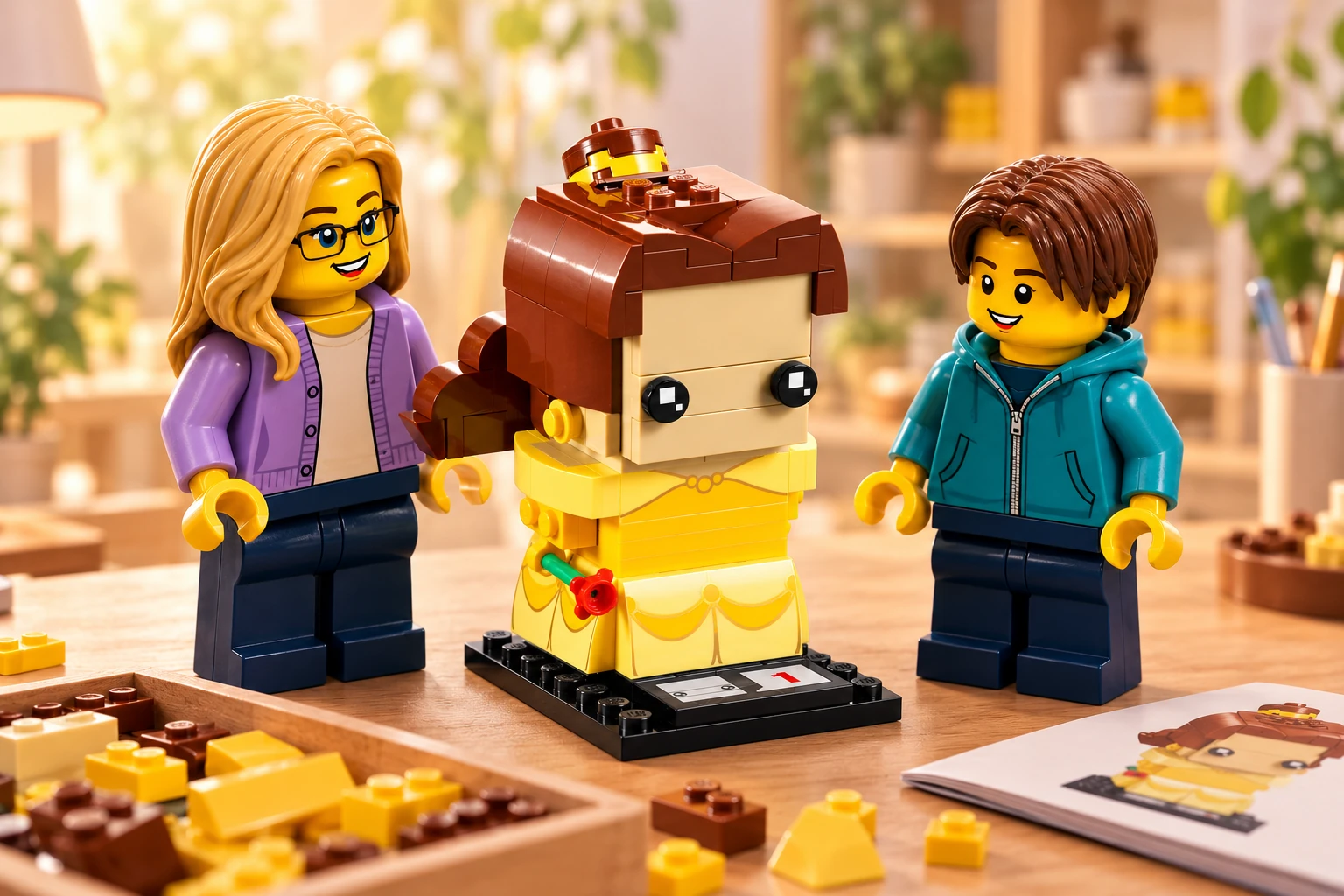 Deux figurines découvrent Belle BrickHeadz montée sur son socle, avec sa robe jaune imprimée, ses cheveux bruns, son chignon et sa rose rouge.