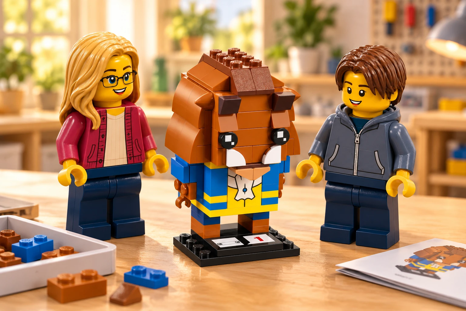 Deux figurines découvrent La Bête BrickHeadz sur son socle, avec sa crinière rousse, ses défenses blanches et son costume bleu et jaune.