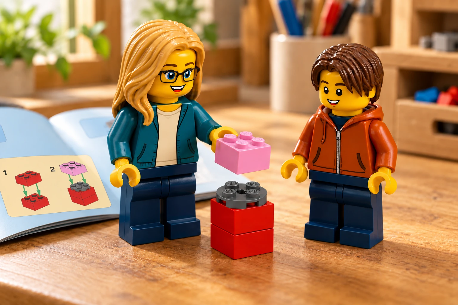 Une figurine tient une brique rose au-dessus du noyau rouge et gris de Go Brick Me, tandis que le garçon observe près d’un livret ouvert.