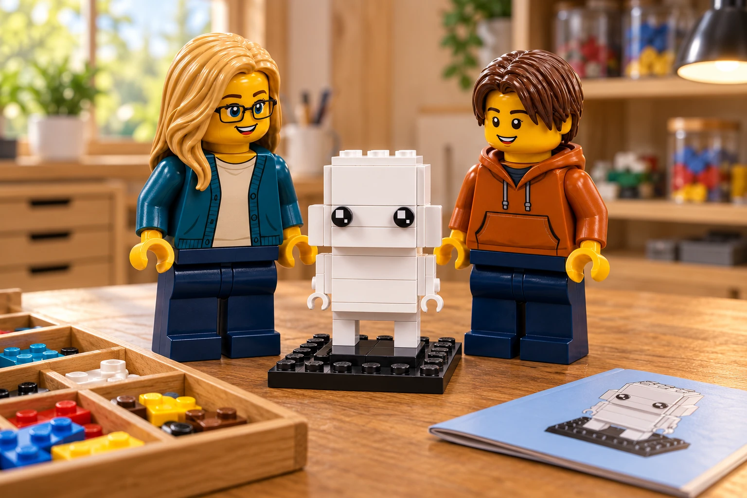 Deux figurines découvrent le prototype blanc de Go Brick Me sur son socle noir ; des pièces triées et un livret fermé sont posés sur la table.