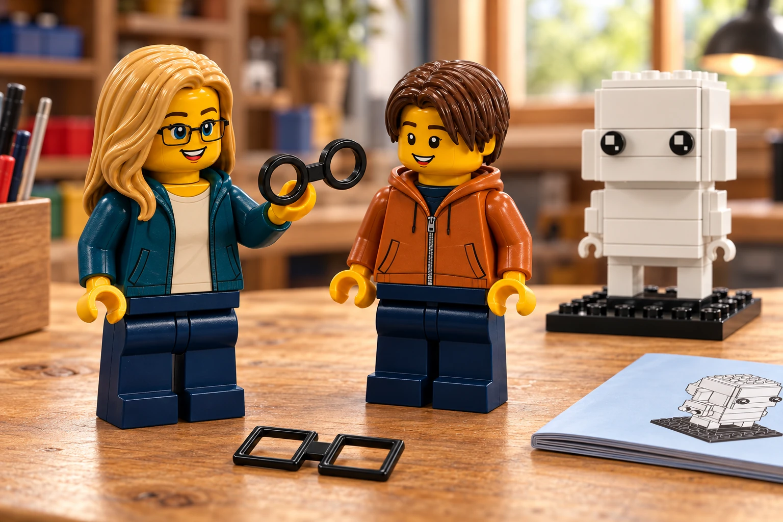 Une figurine montre la monture noire ronde de Go Brick Me au garçon ; la monture rectangulaire et un livret fermé sont posés près du prototype blanc.