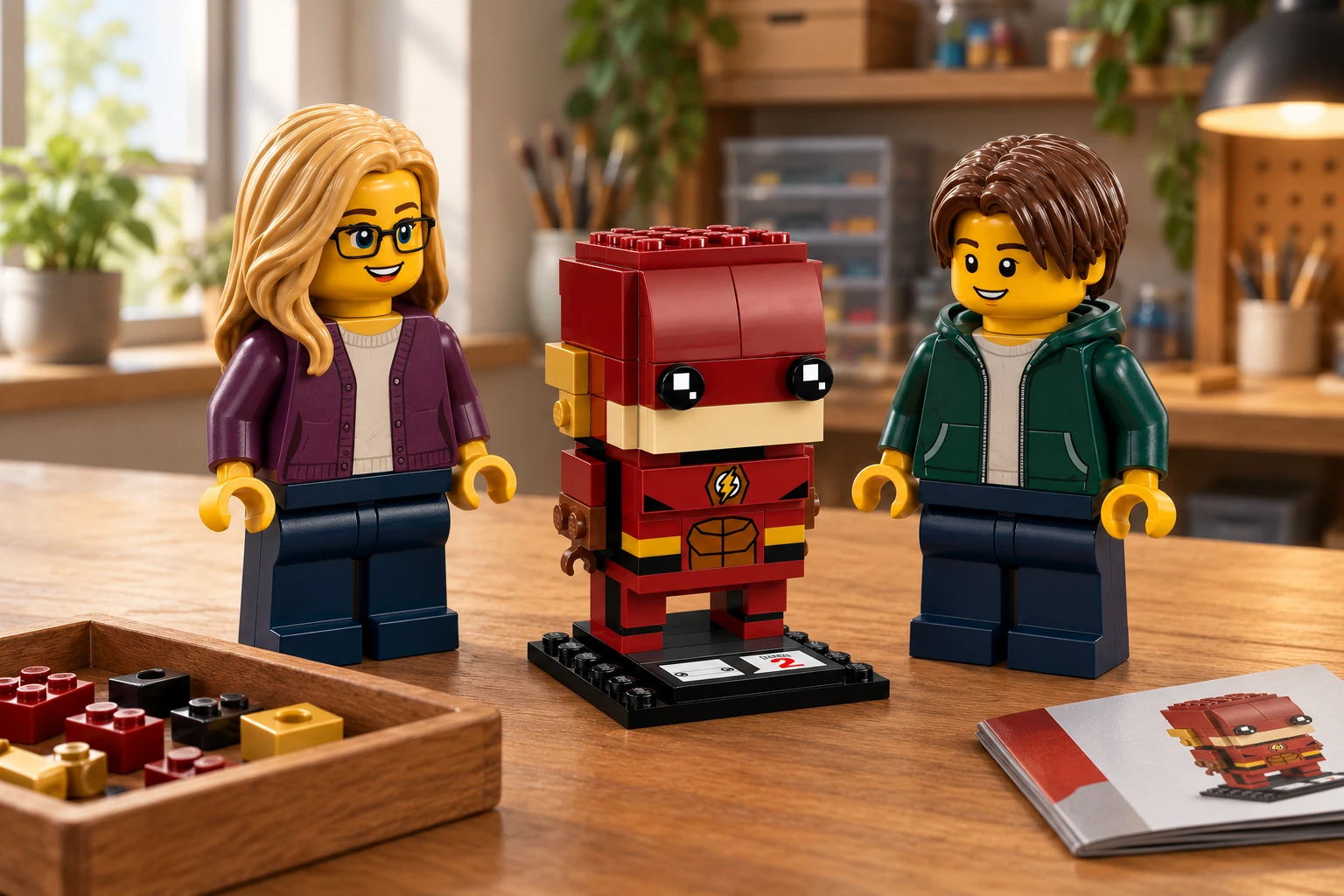 Deux figurines découvrent Flash BrickHeadz monté sur son socle noir, près d’un bac de pièces et d’un livret fermé.