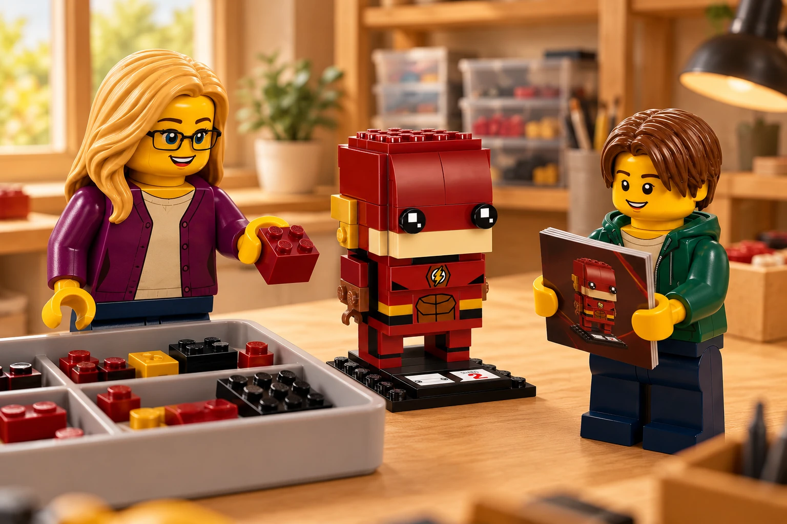 Une figurine trie une brique rouge au-dessus d’un bac ; le garçon tient le livret fermé et Flash reste monté hors du rangement.