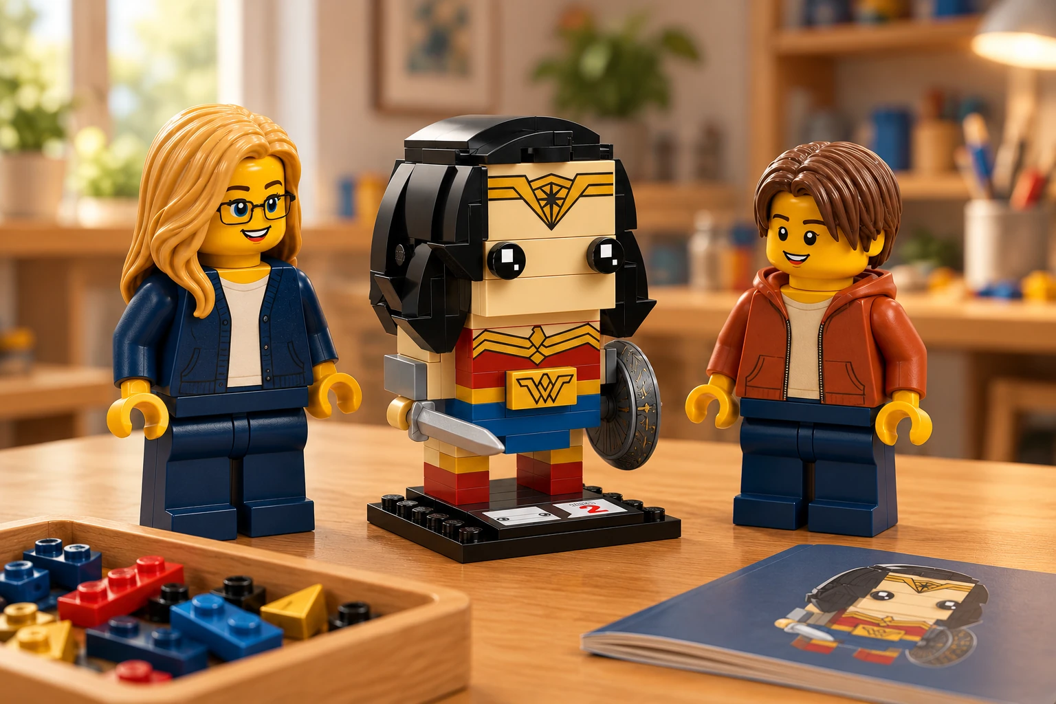 Deux figurines découvrent Wonder Woman BrickHeadz montée sur son socle, avec son épée et son bouclier, près d’un bac de pièces et d’un livret fermé.