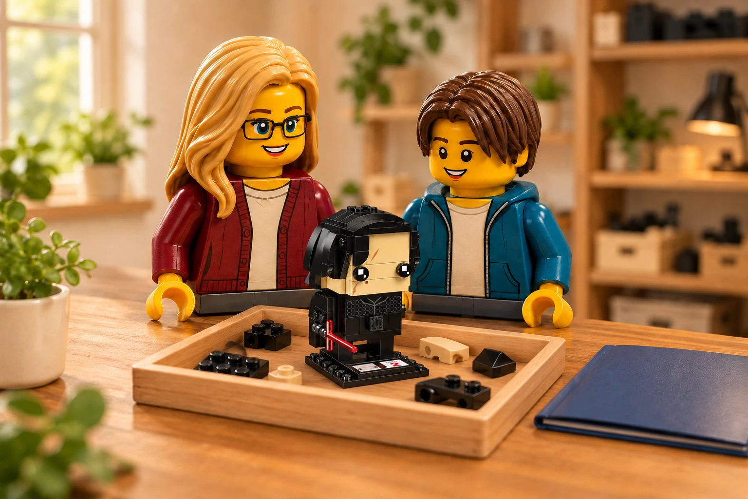 Deux figurines découvrent le modèle de Kylo Ren, avec son sabre rouge en croix, posé sur un plateau en bois parmi des pièces noires et beiges ; un livret bleu fermé est sur la table.