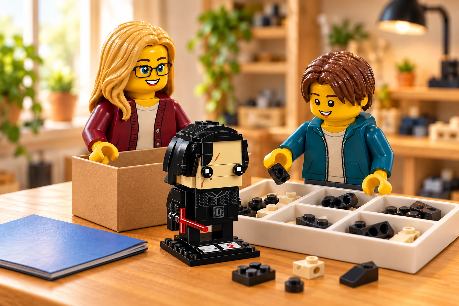 Le garçon trie une brique noire au-dessus d’un bac à compartiments ; la figurine blonde à lunettes tient un carton ouvert derrière le modèle de Kylo Ren, près d’un livret bleu fermé.