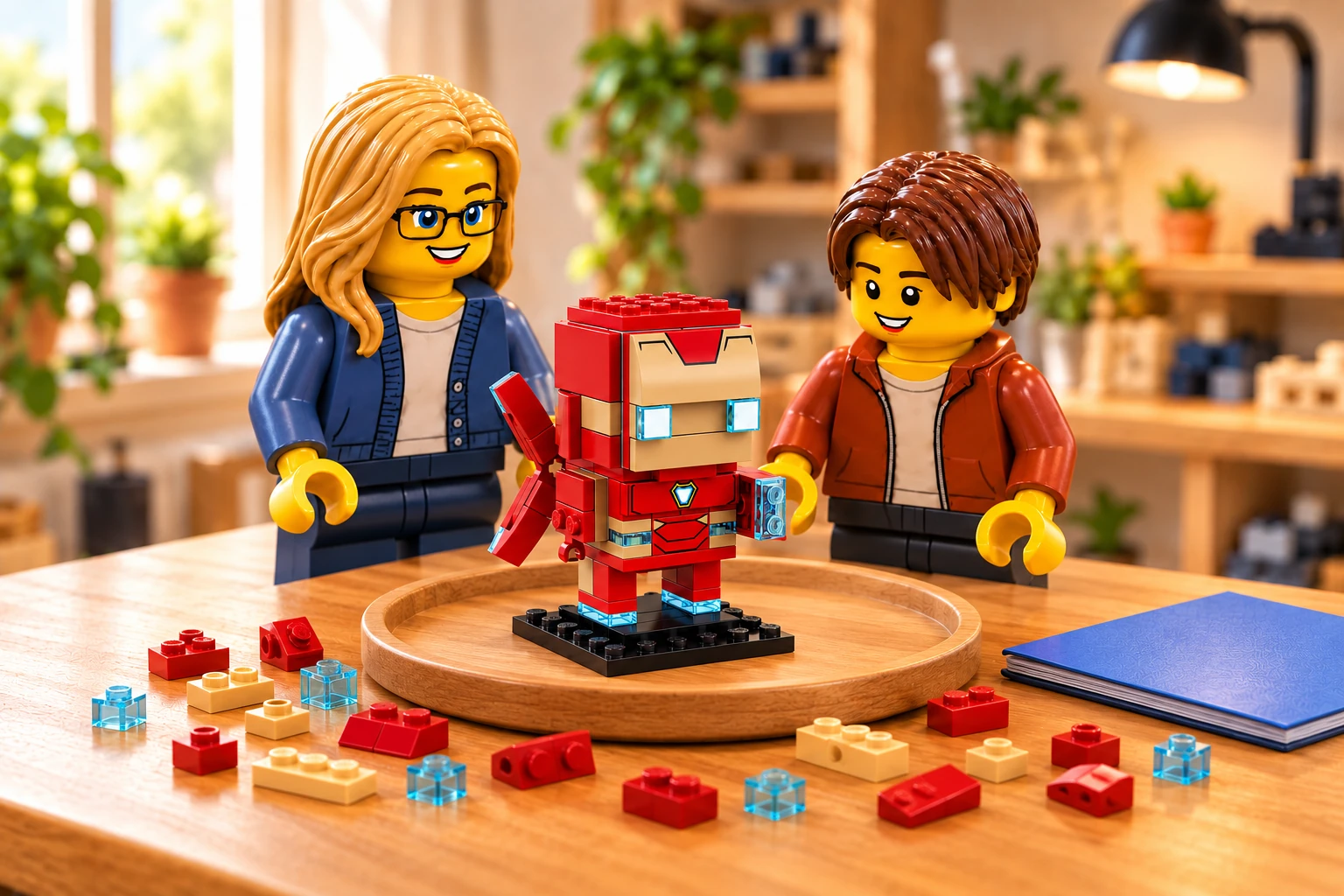 Deux figurines découvrent Iron Man MK50 debout sur son socle noir uni, au centre d’un plateau rond en bois, avec des pièces rouges, beiges et transparentes autour et un livret bleu fermé sur la table.