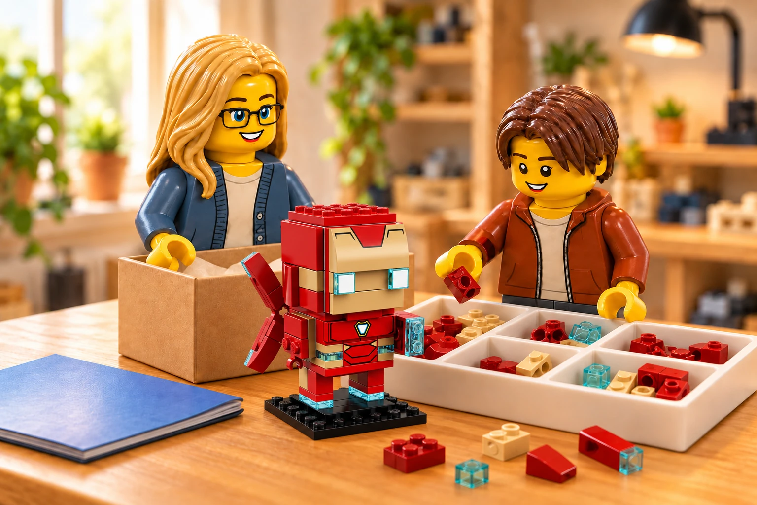 Iron Man MK50 est debout sur son socle noir uni devant un carton et un bac de pièces ; le garçon tient une pièce rouge au-dessus du bac, la figurine blonde à lunettes tient le carton, et le livret bleu est fermé.