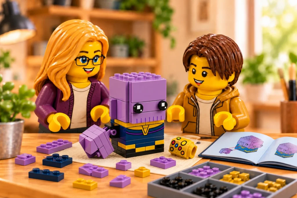 Deux figurines observent la tête et le torse de Thanos assemblés sans jambes ni socle, avec le bras violet présent et un composant doré du gant séparé, près d’un livret ouvert.