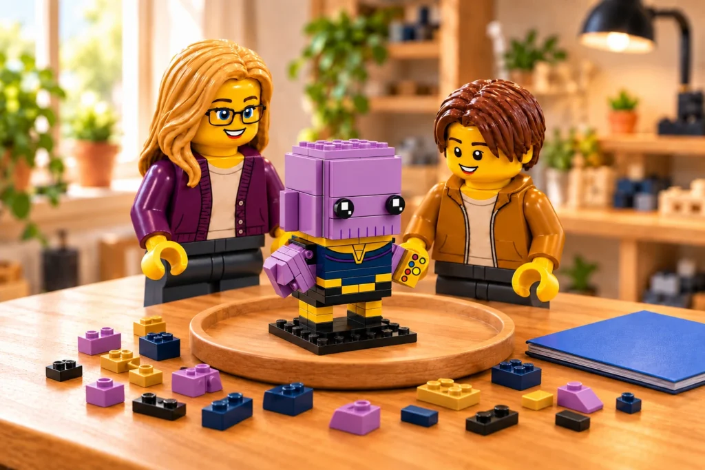 Deux figurines découvrent Thanos debout sur son socle noir uni au centre d’un plateau rond en bois, avec des composants violets, bleus et dorés autour et un livret bleu fermé.