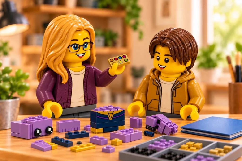 Une figurine blonde à lunettes présente au garçon une tuile dorée à six points colorés ; la tête, le torse et des éléments de bras de Thanos sont séparés sur la table, près d’un livret bleu fermé.