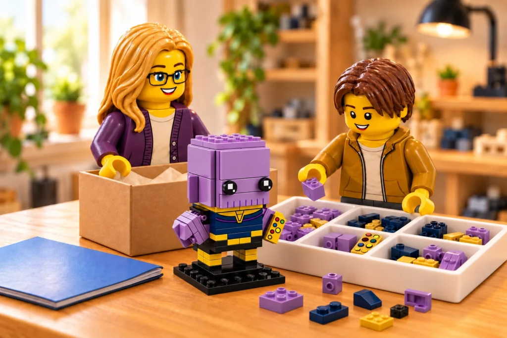 Thanos est debout sur son socle noir uni devant un carton et un bac ; le garçon tient une pièce violette au-dessus des compartiments, la figurine blonde à lunettes tient le carton, et le livret bleu est fermé.
