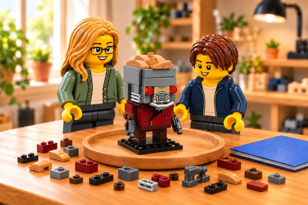 Dans un atelier, deux figurines découvrent Star-Lord BrickHeadz assemblé sur un socle noir uni, entouré de composants sur la table.
