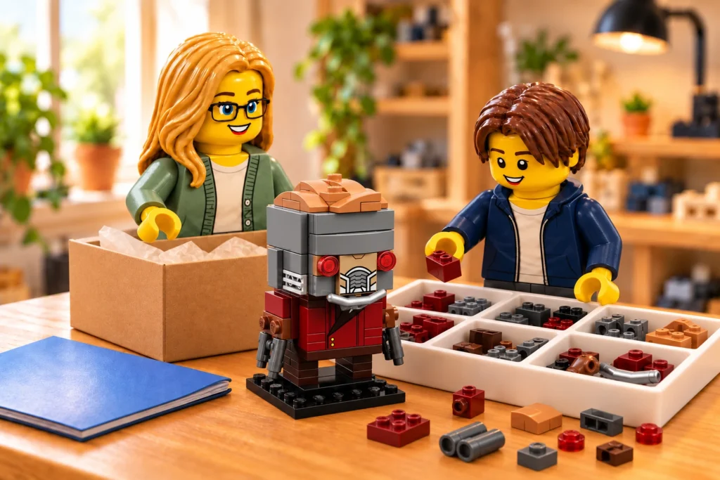 Deux figurines rangent des composants près d’une boîte, d’un bac de tri et d’un livret fermé, avec Star-Lord assemblé sur son socle noir uni.