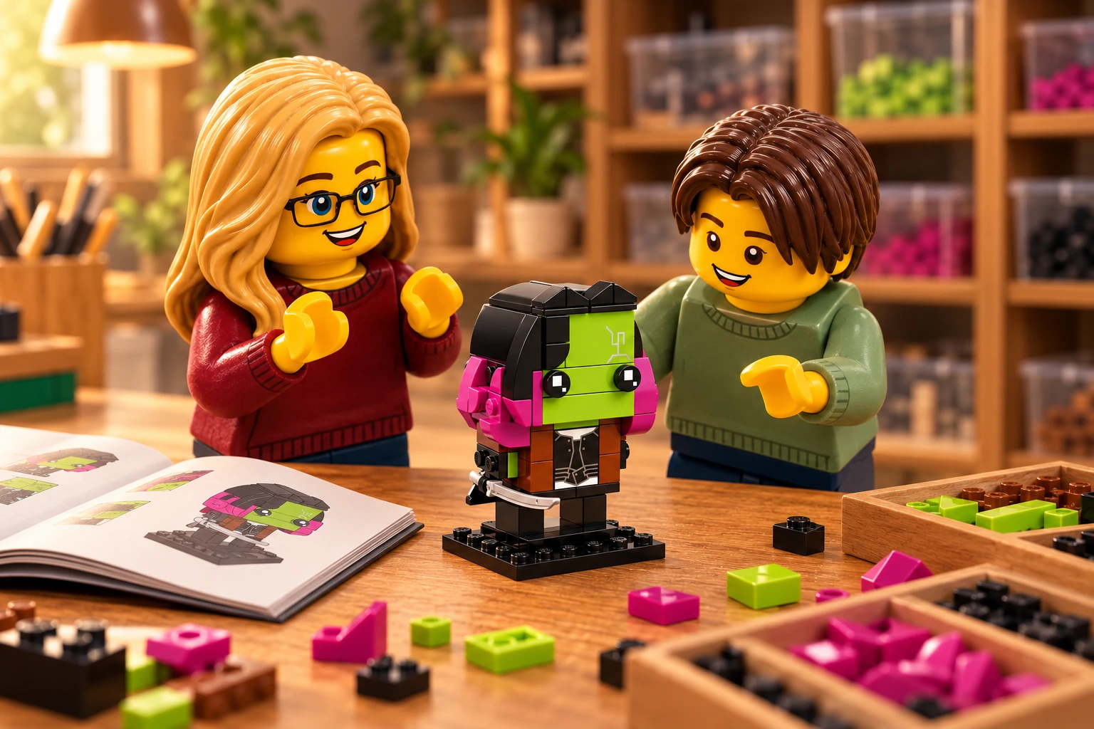 Deux figurines en plastique, une femme blonde à lunettes et un jeune aux cheveux châtain foncé, observent un petit personnage en briques au visage vert et aux cheveux noirs et magenta, posé sur un socle avec une épée, près d’un livret ouvert.