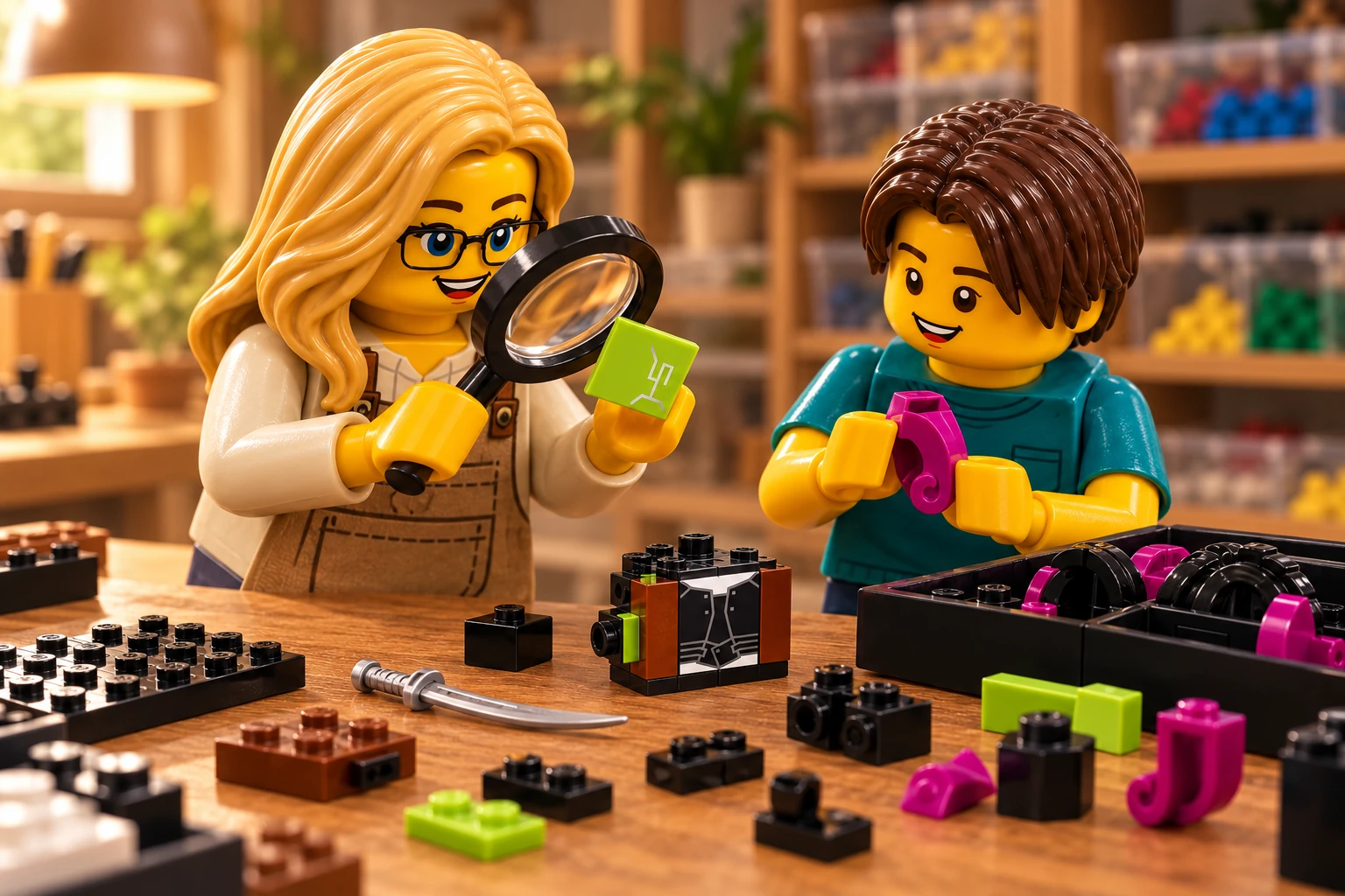 Une figurine blonde à lunettes examine à la loupe une tuile verte imprimée ; une figurine jeune aux cheveux châtain foncé tient un élément magenta. Un petit corps sombre sans tête, une épée et des pièces de chevelure sont posés sur la table.