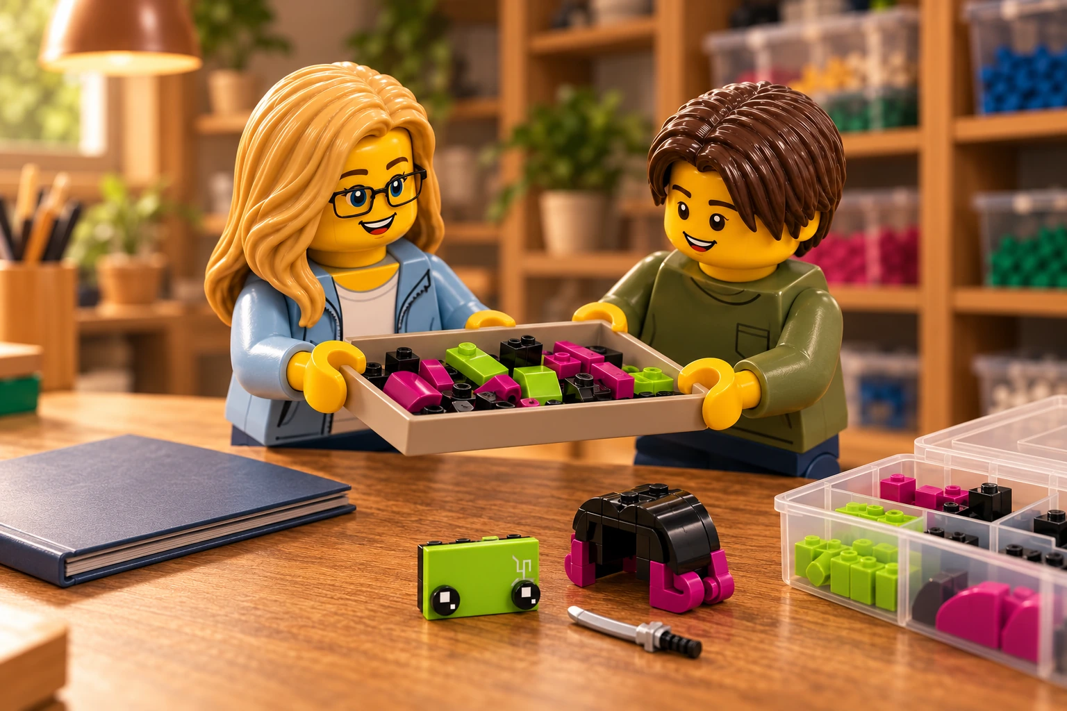 Deux figurines, une femme blonde à lunettes et un jeune aux cheveux châtain foncé, se passent un bac de pièces vertes, magenta et noires. Un module de visage, une chevelure démontée, une épée et une boîte de rangement sont visibles sur la table.