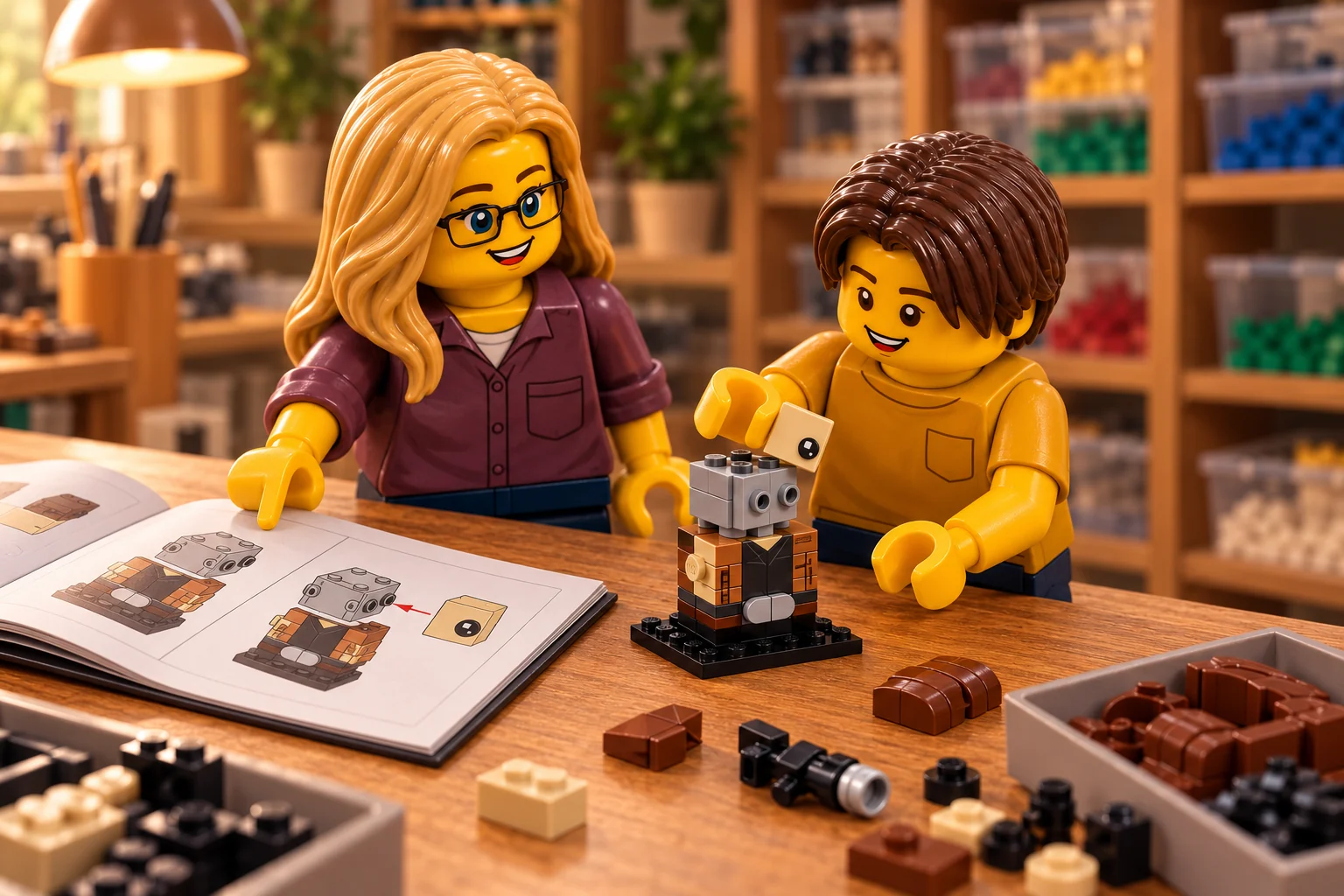 Une figurine adolescente en tee-shirt jaune présente un panneau clair devant la tête inachevée de Han Solo, avec une figurine adulte blonde à lunettes suivant le livret ouvert.