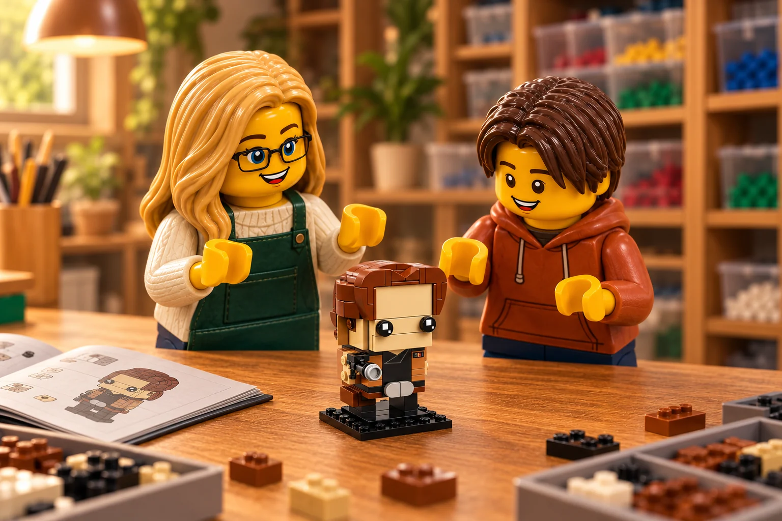 Une figurine adulte blonde à lunettes, en tablier vert, et une figurine adolescente aux cheveux bruns, en sweat orangé, découvrent un petit Han Solo terminé sur la table.