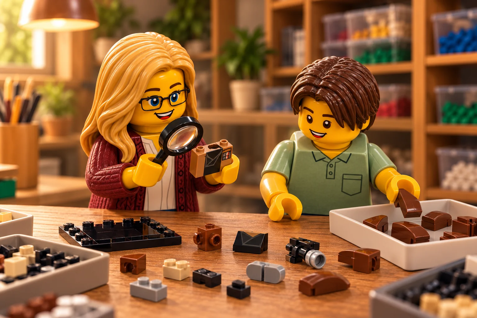 Une figurine adulte blonde à lunettes examine un petit assemblage de vêtement avec une loupe tandis qu’une figurine adolescente en polo vert trie des pièces brunes.