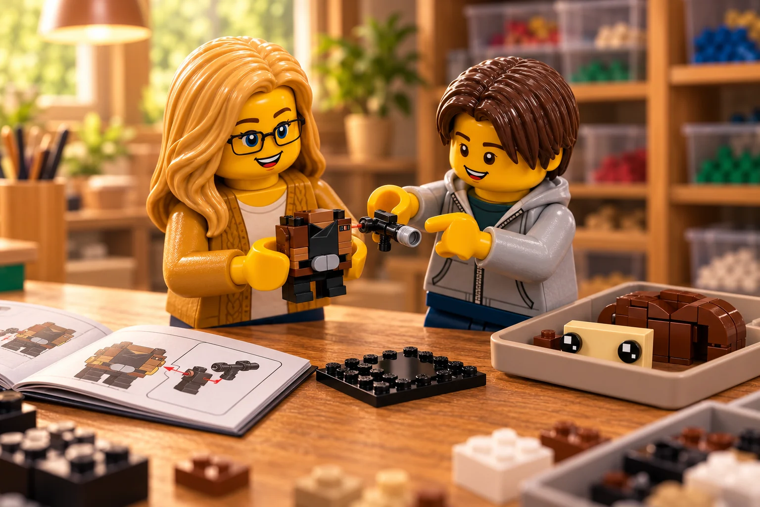 Une figurine adulte blonde à lunettes tient le corps de Han Solo sans sa tête tandis qu’une figurine adolescente en sweat gris montre le petit pistolet détaché.