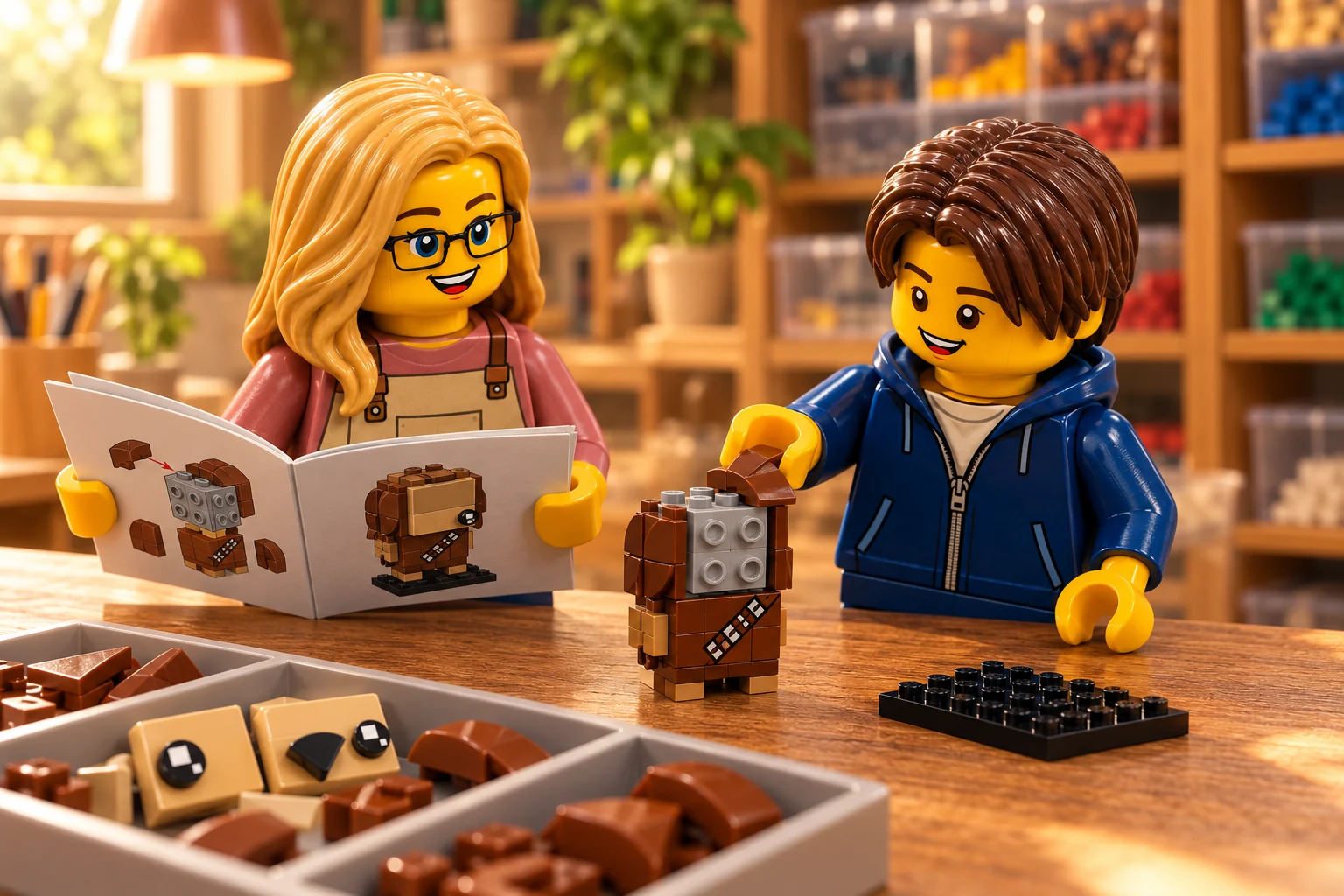 Une figurine adolescente en sweat bleu place une pièce brune près du cœur gris de la tête inachevée de Chewbacca, avec une figurine adulte blonde à lunettes tenant le livret.