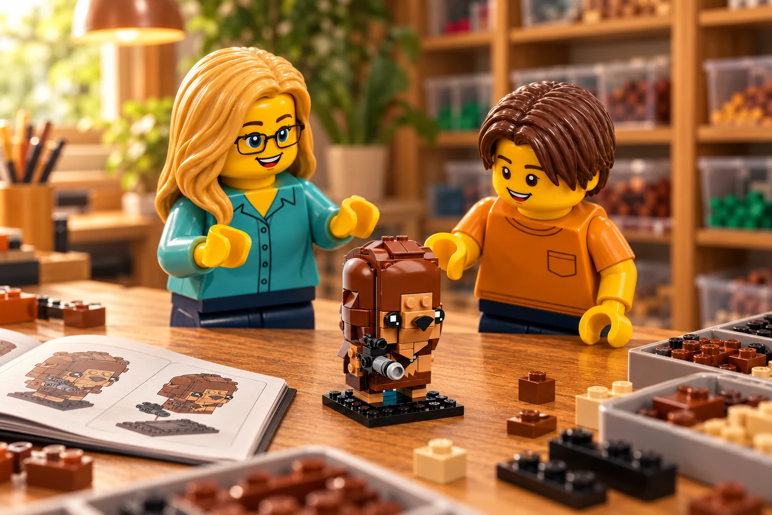 Une figurine adulte blonde à lunettes en blouse turquoise et une figurine adolescente aux cheveux bruns en tee-shirt orangé découvrent un petit Chewbacca terminé sur la table.