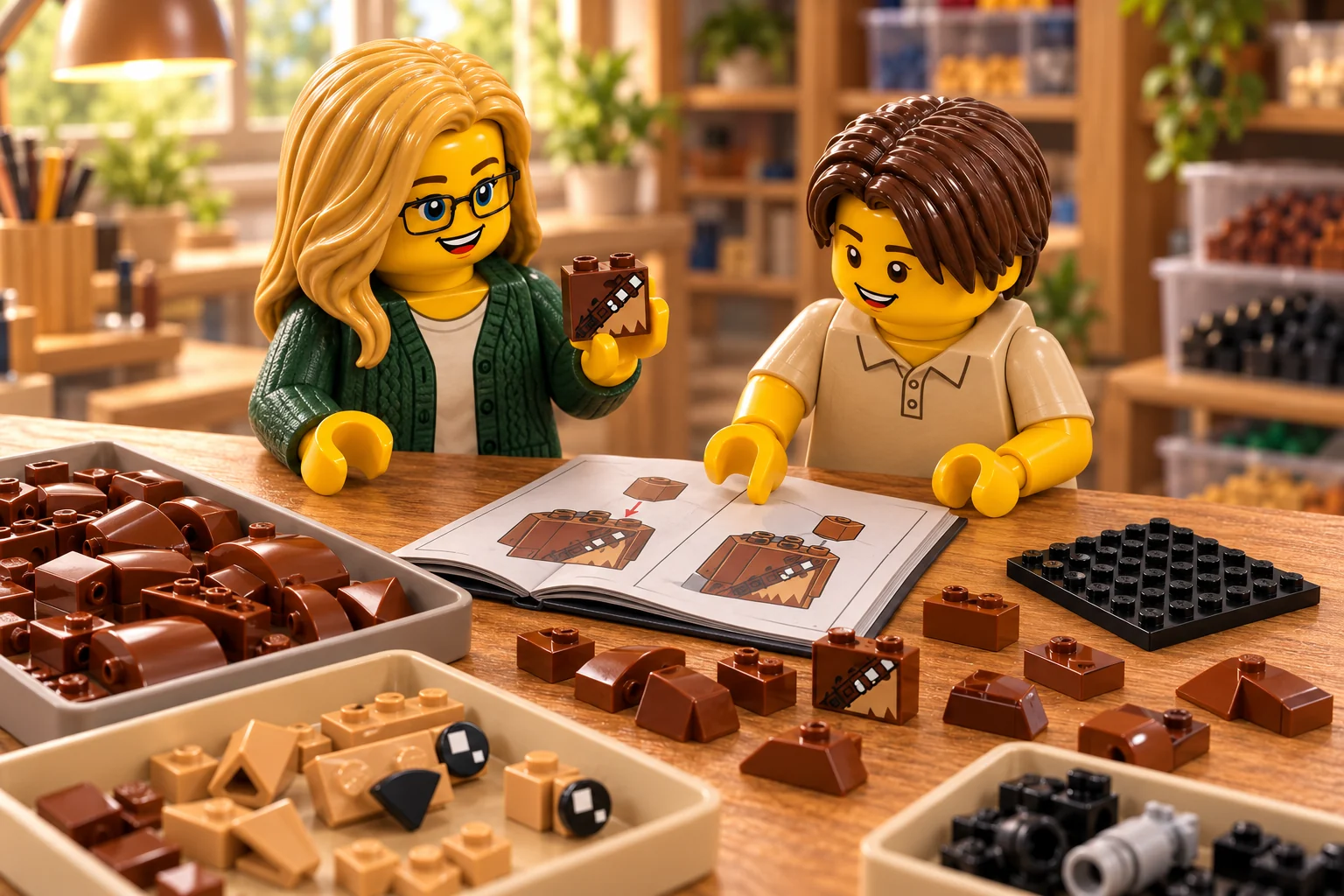 Une figurine adulte blonde à lunettes montre une brique brune imprimée tandis qu’une figurine adolescente en polo beige compare les schémas du livret, entourée de pièces triées.
